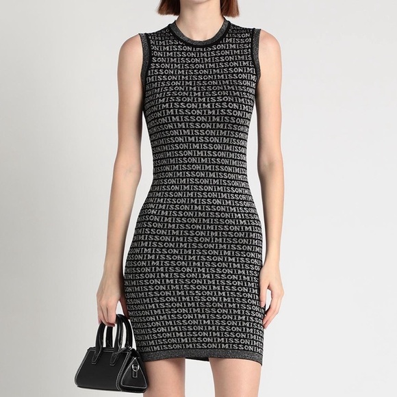 New Missoni Mini Knit Dress Logo Black Silver XS Short Sheath Stretchy Wool - Picture 1 of 8